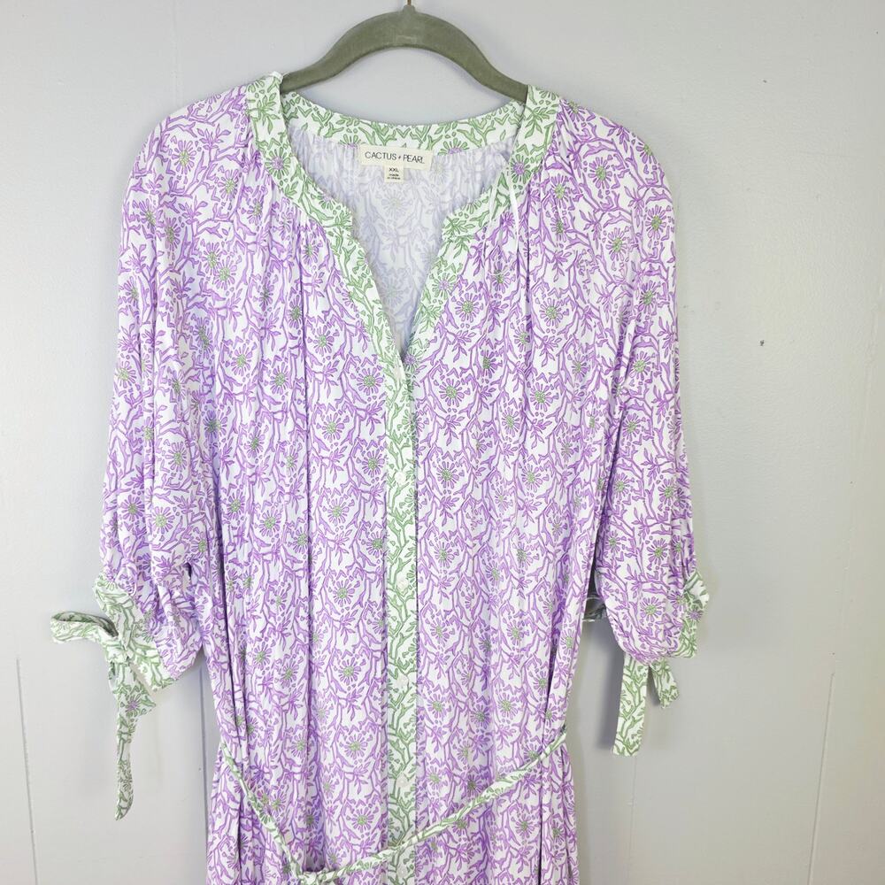 Cactus + Pearl Purple Green Floral Maxi Dress XXL Tie Sleeve Boho Cottagecore - Picture 9 of 15